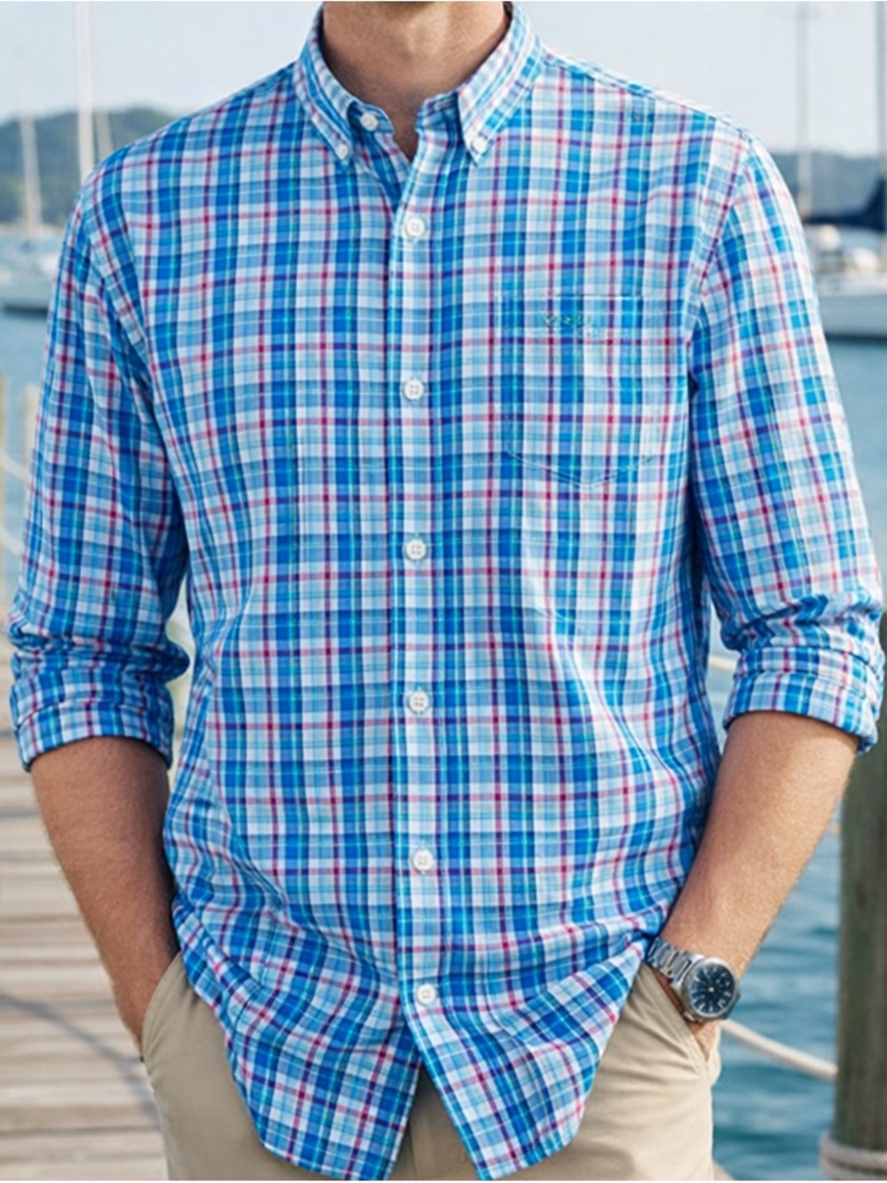 IZOD Plaid Button Down Shirt Men’s L Blue Red Coastal Prep Summer Patriotic